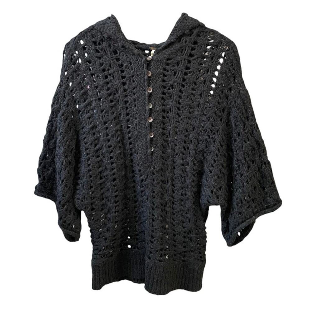 free people black chunky knit hooded sweater oversized boho